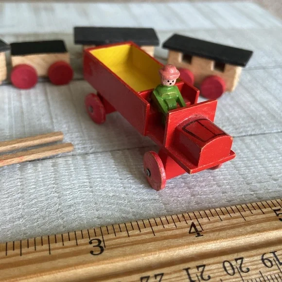 Wooden Miniature Train Wagon and Firetruck with Fireman - Picture 2 of 6